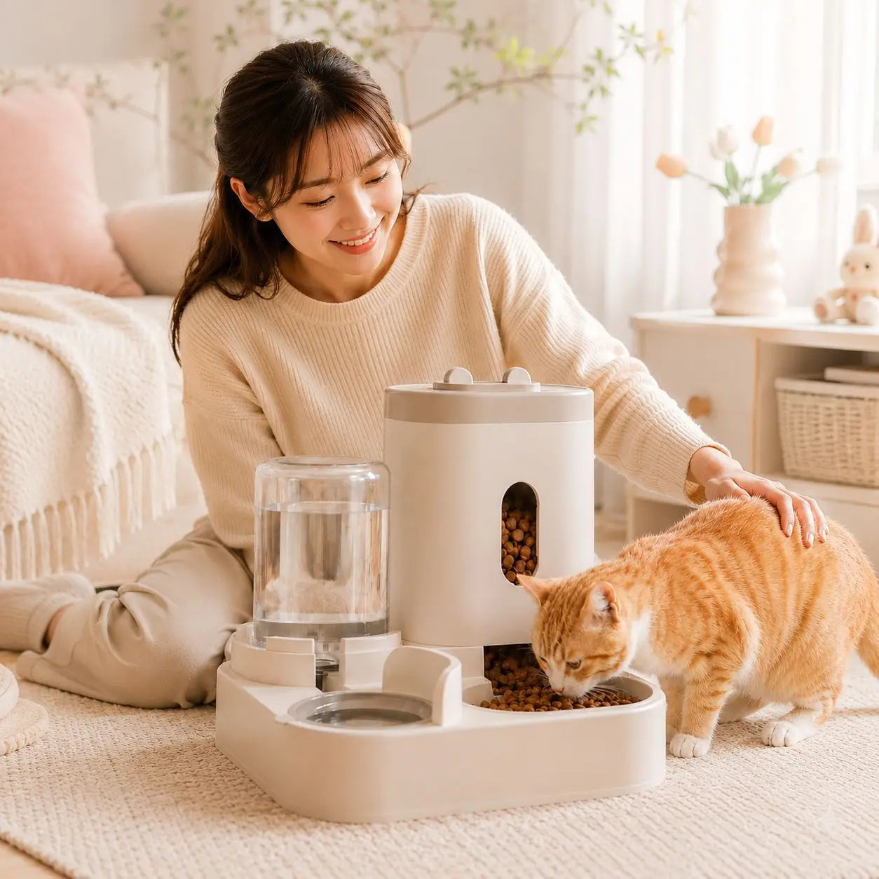 Dual Bowl All-in-One Waterproof ABS Pet Feeder & Water Fountain Automatic Food Water Dispenser for Cats Dogs Daily Use