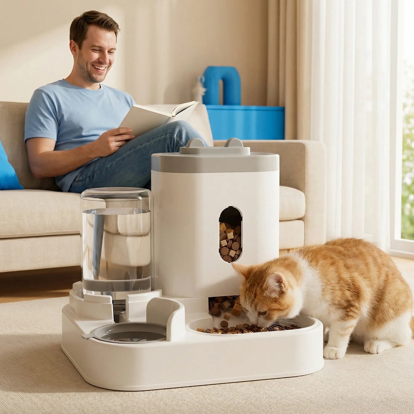 Dual Bowl All-in-One Waterproof ABS Pet Feeder & Water Fountain Automatic Food Water Dispenser for Cats Dogs Daily Use